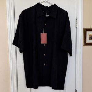 Tommy Bahama Black Short Sleeve Lucky Shore Embroidered Silk Hawaiian Camp Shirt